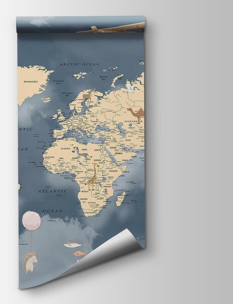 Carta da parati Mappa del mondo con aeroplani e palloncini, Carta da parati per Bambini, Carta da parati popolare, u72590 - Tapeko.it