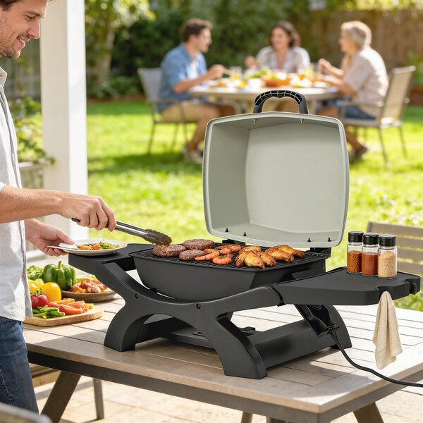 Outsunny barbecue elettrico 2300W, portatile da tavolo con ripiani laterali, colore nero. | Aosom Italy
