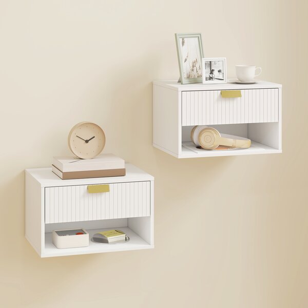 HOMCOM Set di 2 Comodini Sospesi con Cassetto Decorato e Mensola Aperta, Bianco | Aosom Italy