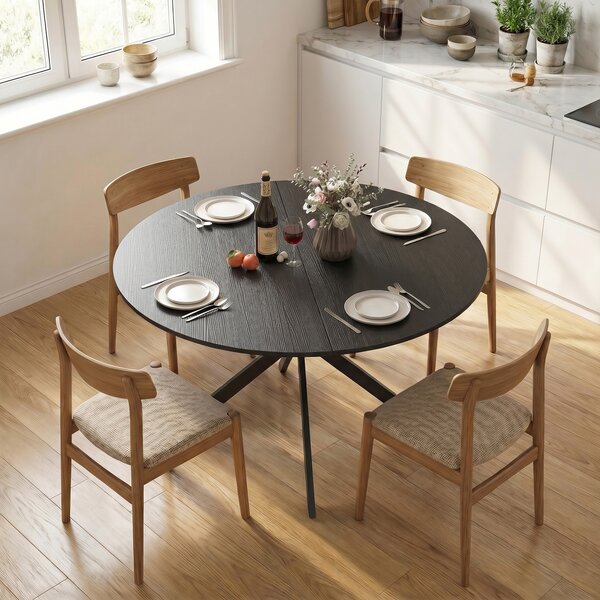 Tavolo da Pranzo Rotondo Stile Industriale Ø120x75 cm con Piano in Truciolato e Gambe a Croce in Acciaio Nero