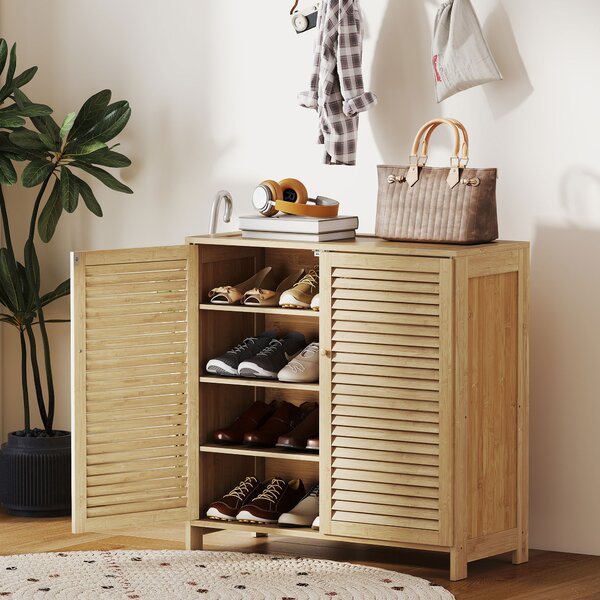 HOMCOM Scarpiera in Bambù con Ante a Persiana, Mobile Porta Scarpe con Ripiani Regolabili, Capacità per 14 Paia, 80 x 35 x 80 cm, Finitura Naturale | Aosom Italy