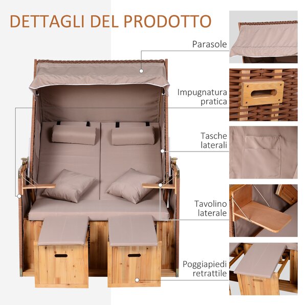 Outsunny cestino da spiaggia 2 posti - sdraia da spiaggia reclinabile - Tenda da spiaggia strandkorb - tortora