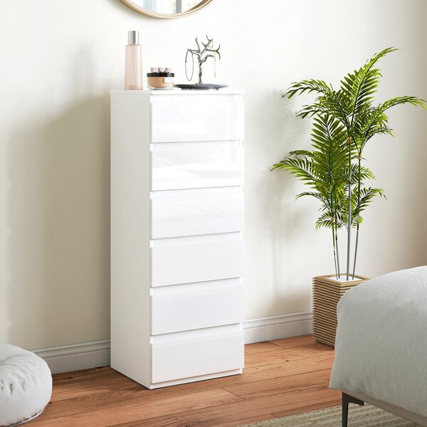 HOMCOM Comò Slim, 6 Cassetti Finitura Lucida, Camera da Letto, Bianco | Aosom Italy