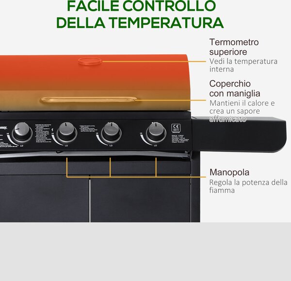 Outsunny Barbecue da giardino a Gas a 5 Fornelli con Ripiani Laterali e Armadietto, in Acciaio e PP, 125x51x100 cm, Nero | Aosom Italy