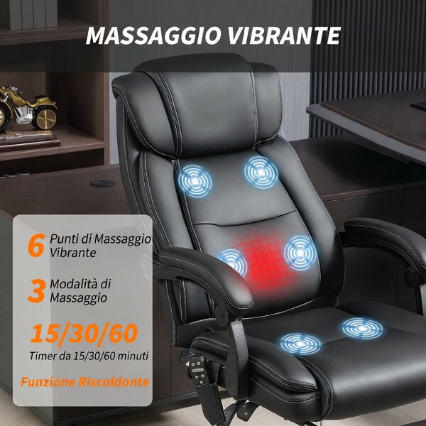 HOMCOM Sedia da Ufficio Massaggiante e Riscaldata, Reclinabile in Pelle PU, con Telecomando e Poggiapiedi, Nero | Aosom Italy