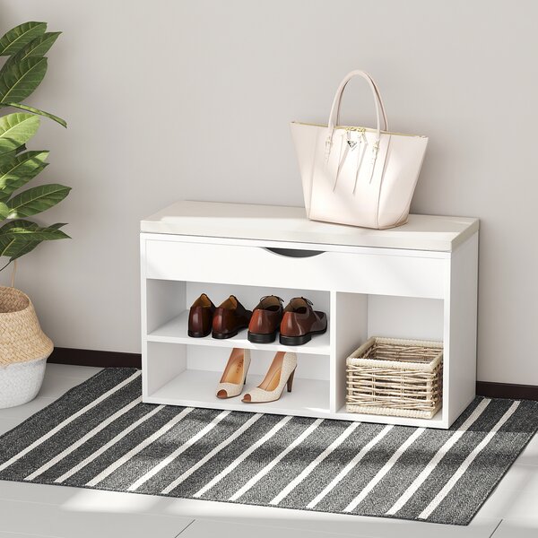 HOMCOM Panca Scarpiera, Mobile Portascarpe Salvaspazio con Sedile Imbottito Ribaltabile da Ingresso Legno, 80x30x47cm, Bianco | Aosom Italy