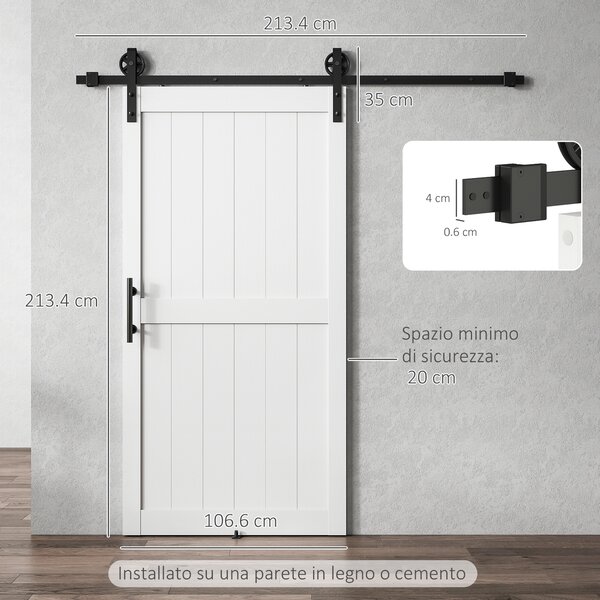 HOMCOM Porta Scorrevole con Binario e Maniglia, in Stile Country e in Legno e Acciaio, 106.6x213.4 cm, Bianco e Nero | Aosom Italy