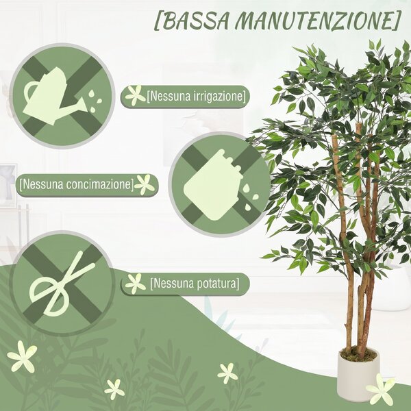 HOMCOM Pianta Artificiale di Baniano in PEVA e Legno con Rami Orientabili e Vaso Contenitore Bianco in PP e Cemento | Aosom Italy