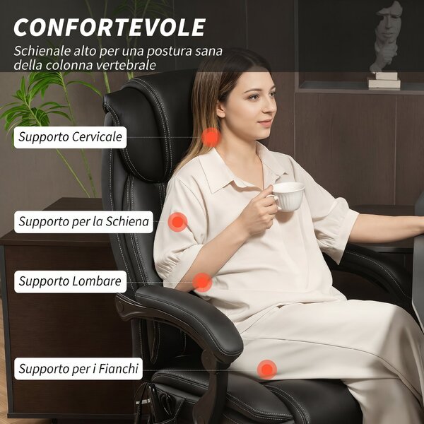 HOMCOM Sedia da Ufficio Massaggiante e Riscaldata, Reclinabile in Pelle PU, con Telecomando e Poggiapiedi, Nero | Aosom Italy