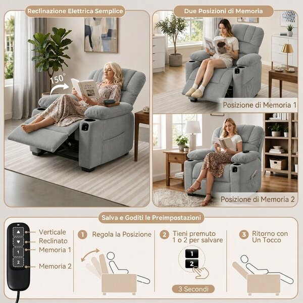 HOMCOM Poltrona Relax Elettrica Reclinabile 150° con Poggiapiedi, Seduta Ampia, Silenziosa, Velluto, Grigio | Aosom Italy
