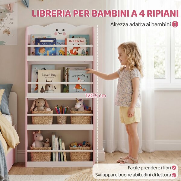 AIYAPLAY Libreria Montessoriana per Bambini 3-6 Anni con Tema Zucchero Filato, 4 Ripiani in Legno, per Cameretta, Rosa | Aosom Italy