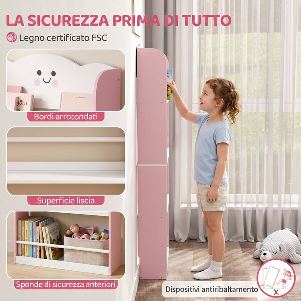 AIYAPLAY Libreria Montessoriana per Bambini 3-6 Anni con Tema Zucchero Filato, 4 Ripiani in Legno, per Cameretta, Rosa | Aosom Italy