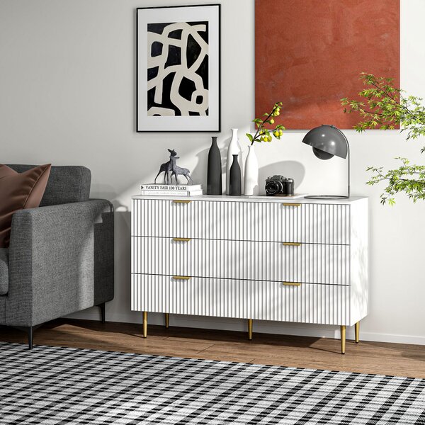HOMCOM Cassettiera 6 Cassetti Moderna con Maniglie Dorate, 120x40x76.5cm, Bianco | Aosom Italy