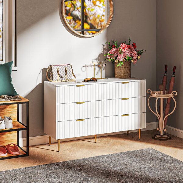 HOMCOM Cassettiera 6 Cassetti Moderna con Maniglie Dorate, 120x40x76.5cm, Bianco | Aosom Italy