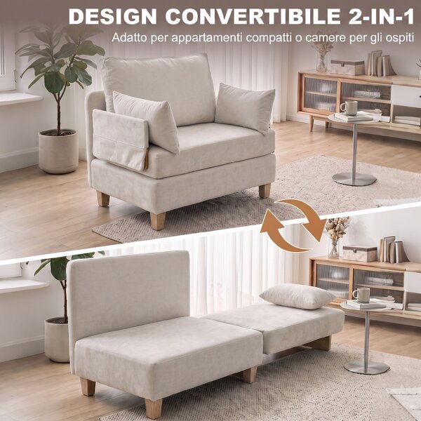 HOMCOM Poltrona Letto Singolo 2 in 1 Pieghevole con Cuscini, Salvaspazio in Tessuto Misto Lino-Velluto, Crema | Aosom Italy