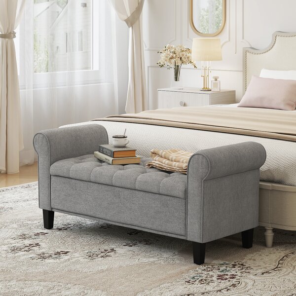 HOMCOM Panca Fondo Letto in Tessuto Effetto Velluto con Contenitore e Braccioli Arrotolati, Grigio Chiaro | Aosom Italy