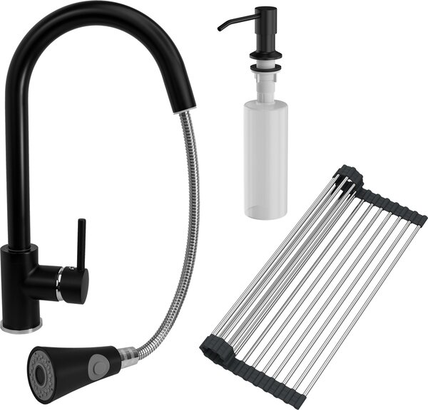 Granitan - Rubinetto da cucina - Rubinetto per lavello - Nero - con dispenser per sapone - Rubinetto da cucina