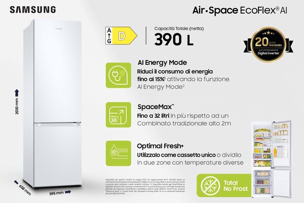 Samsung Frigorifero Combinato Classe energetica D, Capacit 390 Litri, WiFi, SpaceMax, Total No Frost, Digital Inverter, Garantito 20 Anni, colore 
