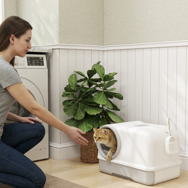 PawHut Lettiera per Gatti Chiusa con Coperchio, Vassoio e 2 Sacchetti di Carbone, in PP, 59x39.5x39.5 cm, Bianco e Grigio | Aosom Italy