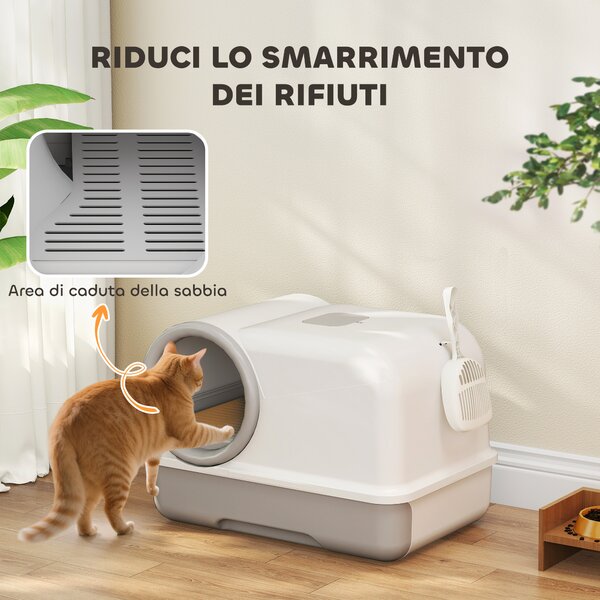 PawHut Lettiera per Gatti Chiusa con Coperchio, Vassoio e 2 Sacchetti di Carbone, in PP, 59x39.5x39.5 cm, Bianco e Grigio | Aosom Italy