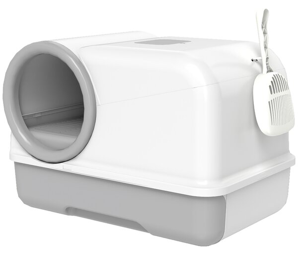 PawHut Lettiera per Gatti Chiusa con Coperchio, Vassoio e 2 Sacchetti di Carbone, in PP, 59x39.5x39.5 cm, Bianco e Grigio | Aosom Italy