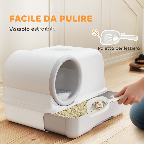 PawHut Lettiera per Gatti Chiusa con Coperchio, Vassoio e 2 Sacchetti di Carbone, in PP, 59x39.5x39.5 cm, Bianco e Grigio | Aosom Italy