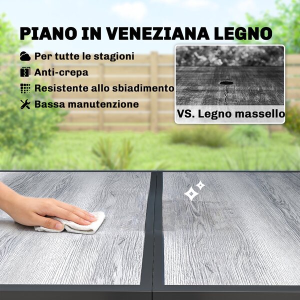 Outsunny Tavolo da Giardino 4-6 Persone con Piano Effetto Legno, in Acciaio e Plastica PSPC, 150x80x74 cm, Grigio e Nero | Aosom Italy