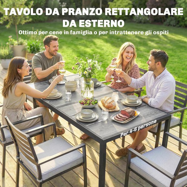 Outsunny Tavolo da Giardino 4-6 Persone con Piano Effetto Legno, in Acciaio e Plastica PSPC, 150x80x74 cm, Grigio e Nero | Aosom Italy