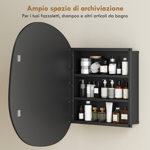 HOMCOM Armadietto da Bagno con Specchio e Spazi Portaoggetti, Forma Irregolare, Montaggio a Parete, per Bagno, Nero | Aosom Italy