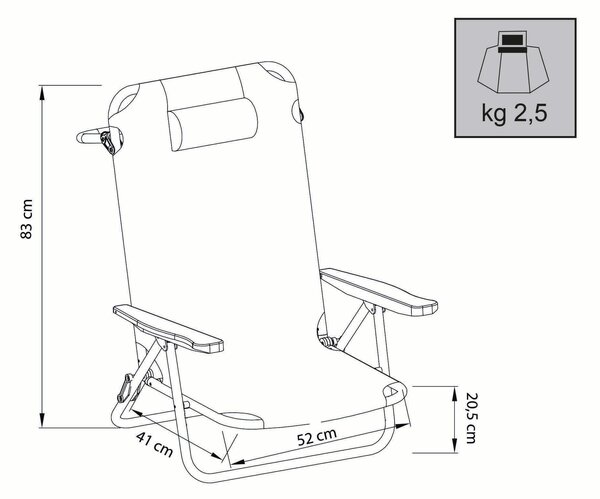 Spiaggina mare prendisole in alluminio con braccioli cm 65 x 67 x 83 h