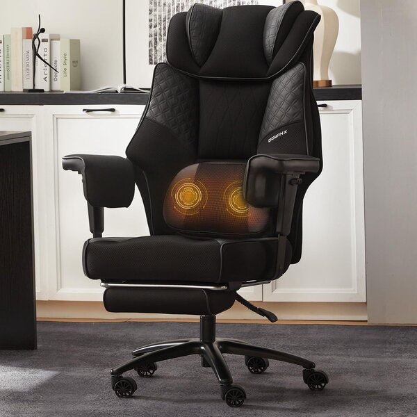 Sedia da ufficio di grandi dimensioni, con cuscino lombare massaggiante, imbottitura extra-spessa, tessuto a rete traspirante, braccioli regolabili, poggiapiedi, design ergonomico. Colore: nero