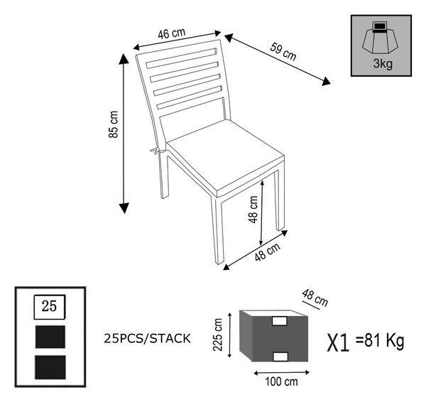 DEXTER - sedia da giardino in alluminio impilabile con cuscino