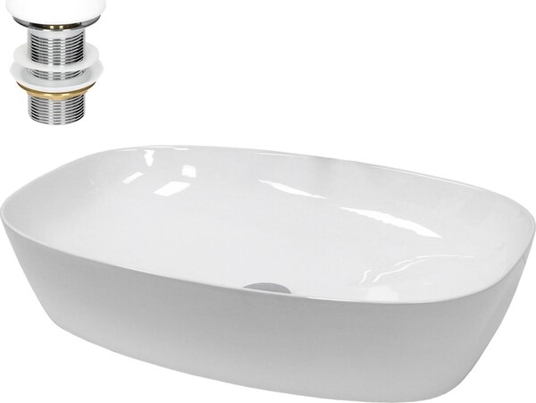 Lavabo LuxeBath Lavabo da appoggio ovale, 60,5x38x14 cm, bianco, in Vetroceramica, incl. set di scarico senza troppopieno