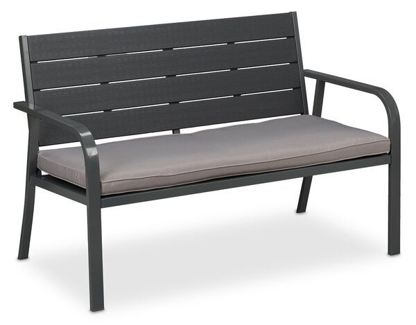 Panchina da giardino Relaxdays con cuscini di seduta, effetto legno, dimensioni: 78 x 118 x 66 cm, a 2 posti, robusta panchina da balcone, panca, grigia