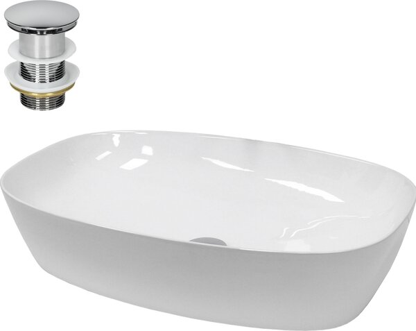 Lavabo LuxeBath Lavabo da appoggio ovale, 60,5x38x14 cm, bianco, in Vetroceramica, incl. set di scarico senza troppopieno