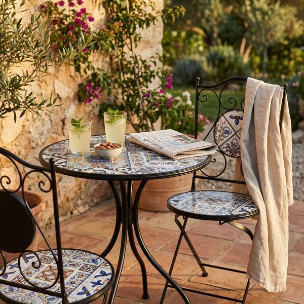 SILVES - set due sedie pieghevoli e tavolo rotondo con decori