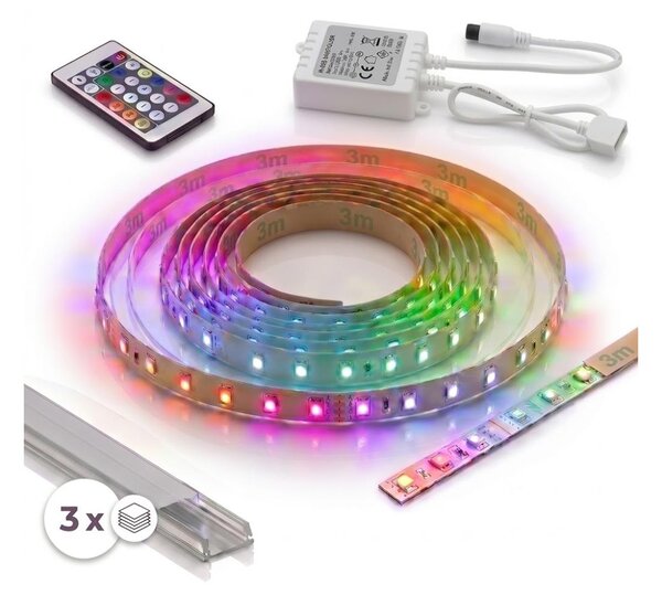 KIT 1x striscia LED RGBW digitale LED/9,6W/230V 3 m + 3x profili da incasso 1 m + telecomando