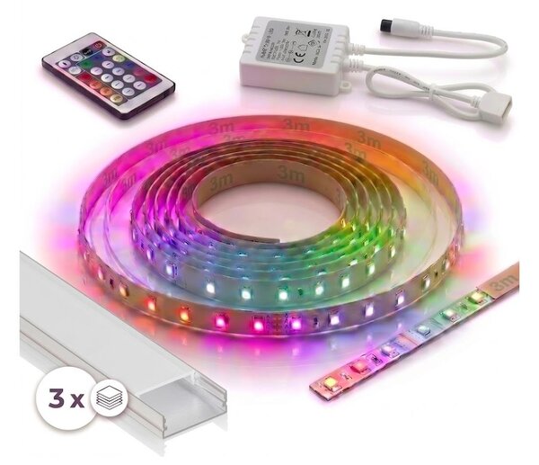 KIT 1x striscia LED RGBW DIGITALE LED/9,6W/230V 3 m + 3x profili da incasso da 1 m + telecomando