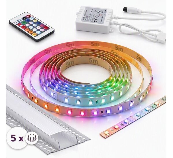 KIT 1x striscia LED RGBW DIGITALE LED/16,5W/230V 5 m + 5x profili da incasso 1 m + telecomando