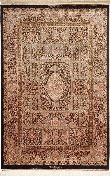 Tappeto Ghom Seta Persia Medaglione Marrone Scuro Beige 104x156 Cm
