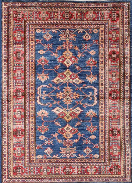 Tappeto Kazak Fine Pakistan Geometrico Blu Rosso 100x143 Cm