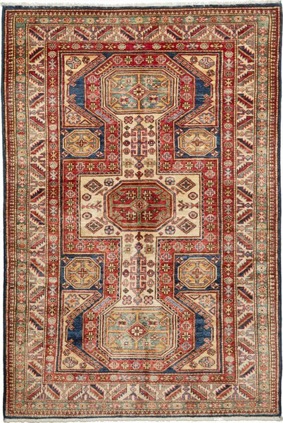 Tappeto Kazak Fine Pakistan Geometrico Rosso Blu Beige 118x178 Cm
