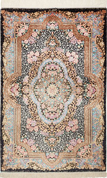 Tappeto Ghom Seta Persia Medaglione Nero Multicolore Pastello 59x90 Cm