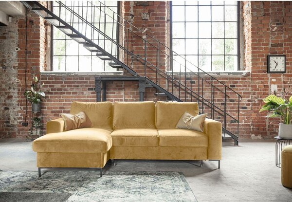 Divano letto angolare in velluto giallo senape, angolo sinistro Lofty Lilly - Miuform