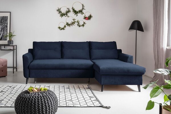 Divano letto angolare in velluto blu scuro, angolo destro Stylish Stan - Miuform