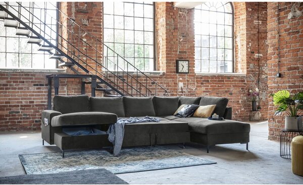 Divano letto a U in velluto grigio scuro, angolo destro Lofty Lilly - Miuform