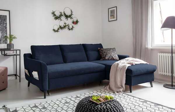 Divano letto angolare in velluto blu scuro, angolo destro Stylish Stan - Miuform