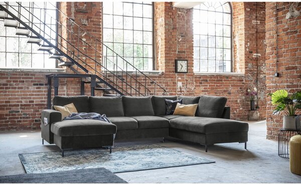 Divano letto a U in velluto grigio scuro, angolo destro Lofty Lilly - Miuform
