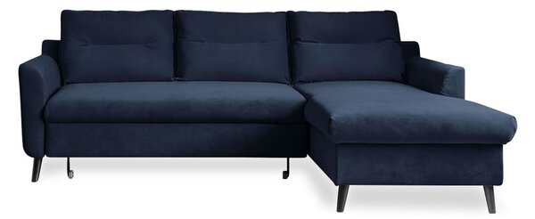 Divano letto angolare in velluto blu scuro, angolo destro Stylish Stan - Miuform
