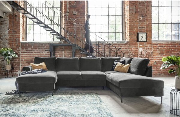 Divano letto a U in velluto grigio scuro, angolo destro Lofty Lilly - Miuform